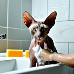 Sphynx Cat Getting a Bath**

"A cute Sphynx cat getting a bath in a modern bathroom sink, fully clothed owner gently washes the cat with a soft sponge, water splashing, warm lighting, safe for work, appropriate content, fully clothed owner, family-friendly, perfect anatomy, natural proportions, well-formed hands, proper finger count, professional photograph, high quality."

**