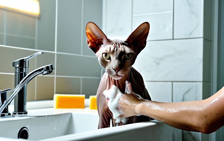 Sphynx Cat Getting a Bath**
"A cute Sphynx cat getting a bath in a modern bathroom sink, fully clothed owner gently washes the cat with a soft sponge, water splashing, warm lighting, safe for work, appropriate content, fully clothed owner, family-friendly, perfect anatomy, natural proportions, well-formed hands, proper finger count, professional photograph, high quality."
**