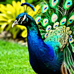 공작새 깃털 발달 과정 - **Subject:** A healthy peacock displaying its vibrant tail feathers in a lush, green garden.
    **C...