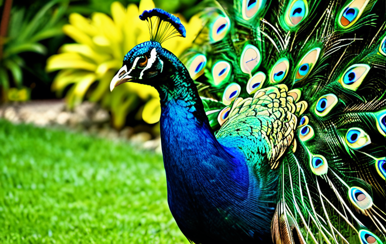 공작새 깃털 발달 과정 - **Subject:** A healthy peacock displaying its vibrant tail feathers in a lush, green garden.
**C...