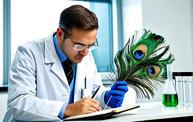 공작새 깃털 발달 과정 - **Subject:** A healthy peacock displaying its vibrant tail feathers in a lush, green garden.
    **C...