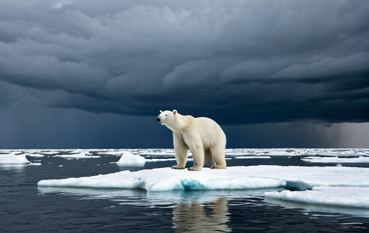북극곰 멸종 원인 - Stranded on a Melting Ice Floe**
A lone polar bear, fully clothed (though bears don't wear clothes!...
