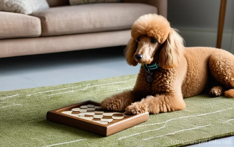 푸들 훈련법 - **Prompt:** A cream Standard Poodle, with its characteristically dense, curly coat neatly trimmed, i...