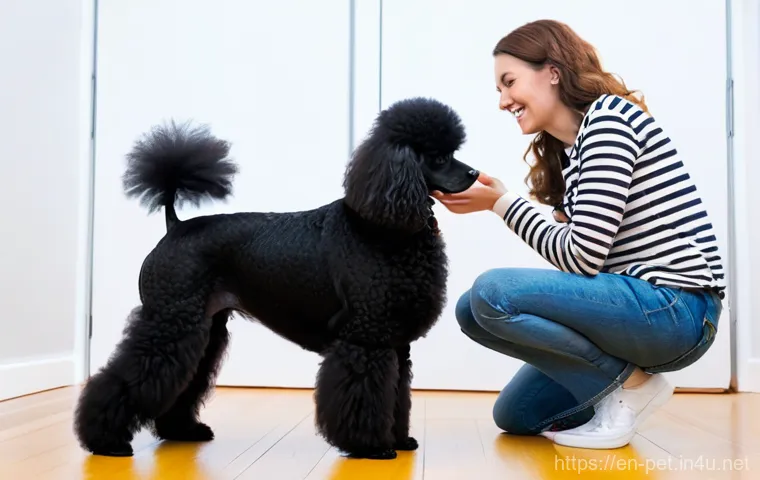 푸들 훈련법 - **Prompt:** A cream Standard Poodle, with its characteristically dense, curly coat neatly trimmed, i...