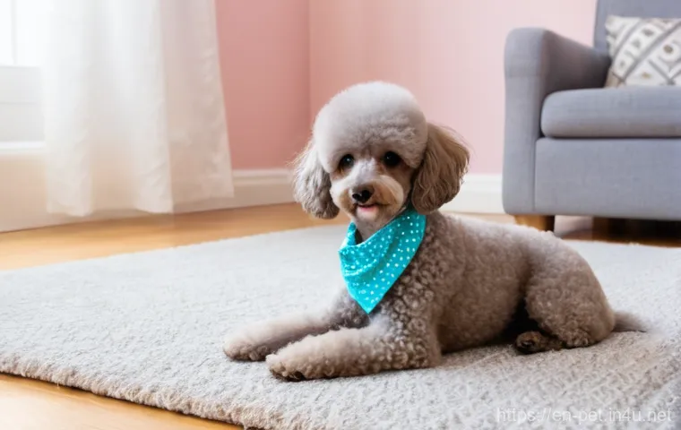 푸들 훈련법 - **Prompt:** A kind-faced person, in their 30s, wearing a casual long-sleeved shirt and jeans, is kne...