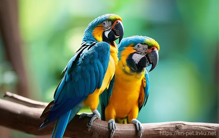 앵무새 종류별 가격 - **Prompt:** A vibrant, sunlit indoor scene contrasting two parrots. On the left, a tiny, emerald gre...