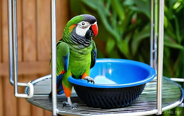 앵무새 종류별 가격 - **Prompt:** A vibrant, sunlit indoor scene contrasting two parrots. On the left, a tiny, emerald gre...